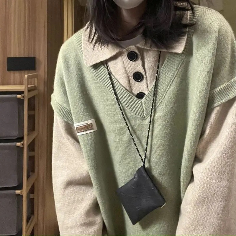 Polo Collar Women Vintage Patchwork Pullovers Y2K Harajuku Autumn Winter Female Loose Warm Knitted Sweaters 240806