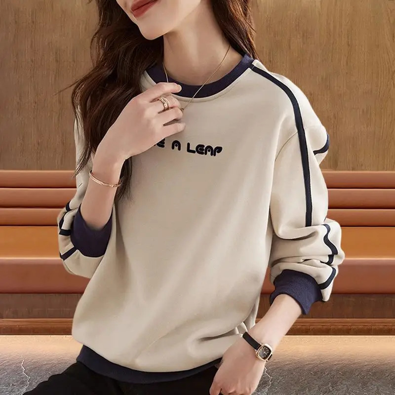 Cotton Casual Letter Top Womens Spring and Autumn Style Contrasting Color Patchwork Commuting Casual All-match Hoodies 240806