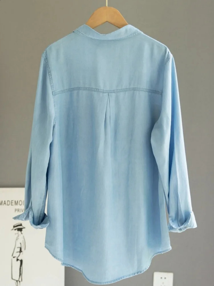 Korea Chic Pockets Splicing Irregular Denim Blouse Women Single Breasted Long Sleeve Jean Shirt Spring 240812