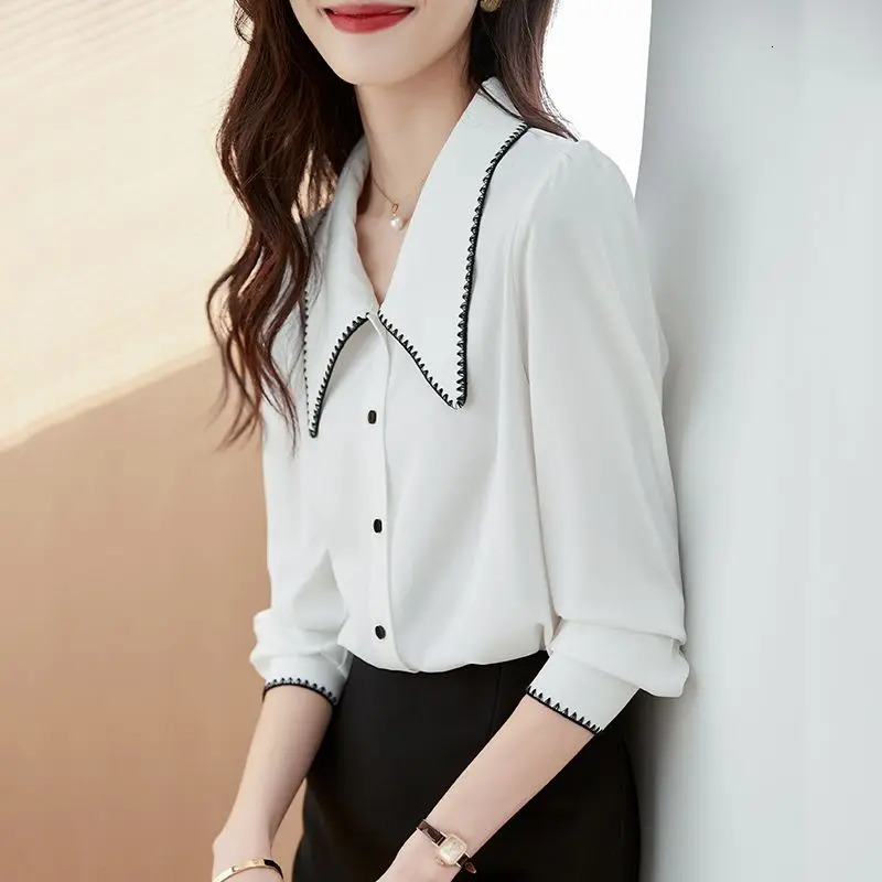 Woman Top Office Outfits Spring and Autumn Wear To Work Dress Shirts Formal Full Long Sleeve Blac Blouses Women Button Up 240806