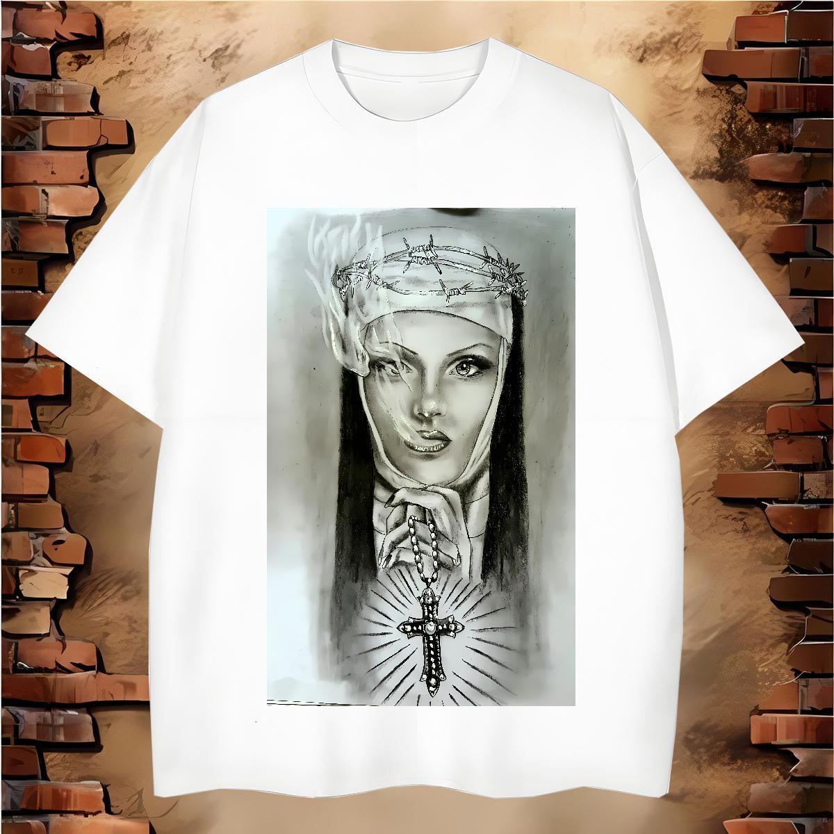 Mens T Shirts 100% Cotton 230g nun Sport Short Sleeve O-Neck Anime Print Men Tops Tees Customized TOP Quality Top Tees