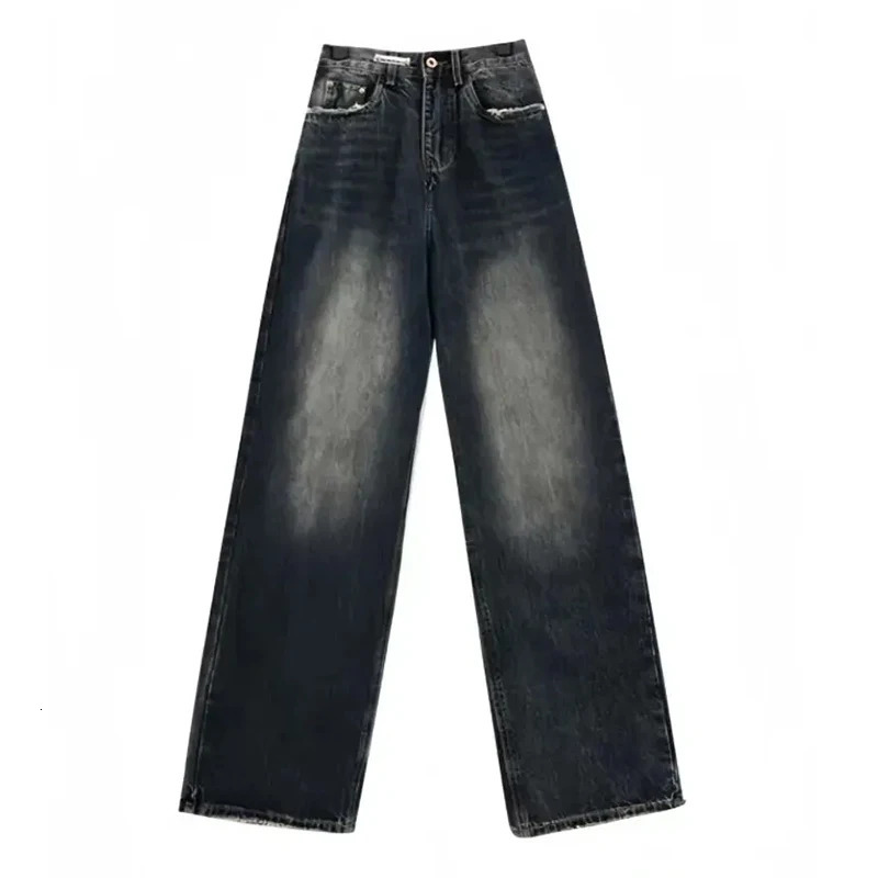 American Retro High Waist Straight Leg Loose Wide Leg Jeans Womens Washed Distressed Versatile Casual Pants 240806