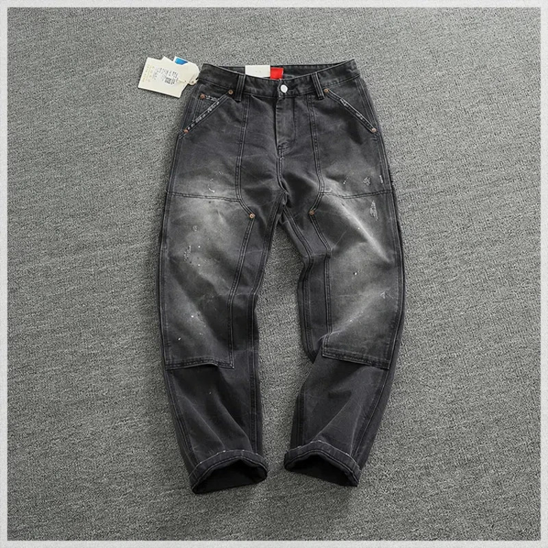 Heavy paint scratch to do old washed overalls men straight leg American casual cloth bump nails retro lumberjack pants 240806