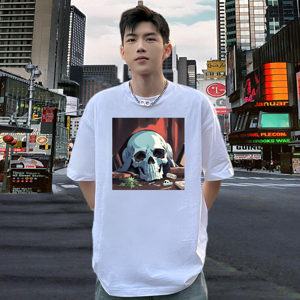 Fashion Casual Men T Shirts skull Tops Shirt 230g Pure Cotton Anime Printing Street Cool Graphic Breathable Crew Neck Men Tshirts