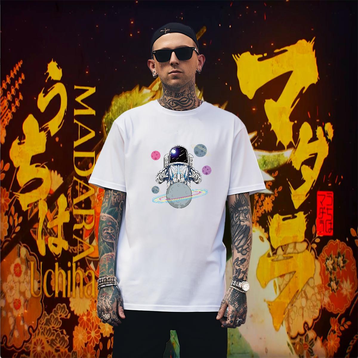 T Shirt For Man 230g 100% Cotton cosmonaut Street Casual Breathable Short Sleeve Plus Size Cartoon Men Tops Tees Fashion Casual Popular Tee Shirt