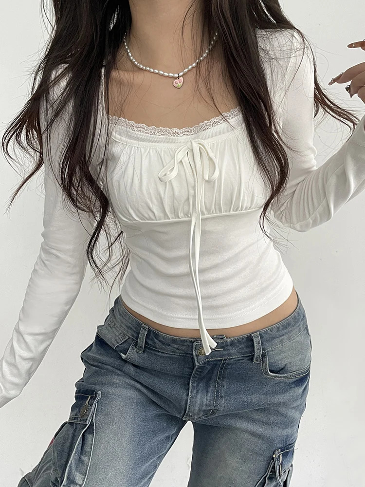 Ruched Tie Lace Trim Square Collar Slim Long Sleeve White Y2K T Shirt Women Cute Japanese Kawaii Clothing 240806