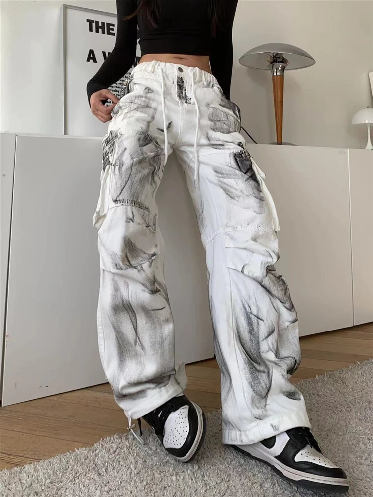 Womens White Cargo Jeans Y2k 90s Vintage High Waist Wide Leg Denim Trousers Harajuku Baggy Jean Pants 2000s Trashy Clothes 240806