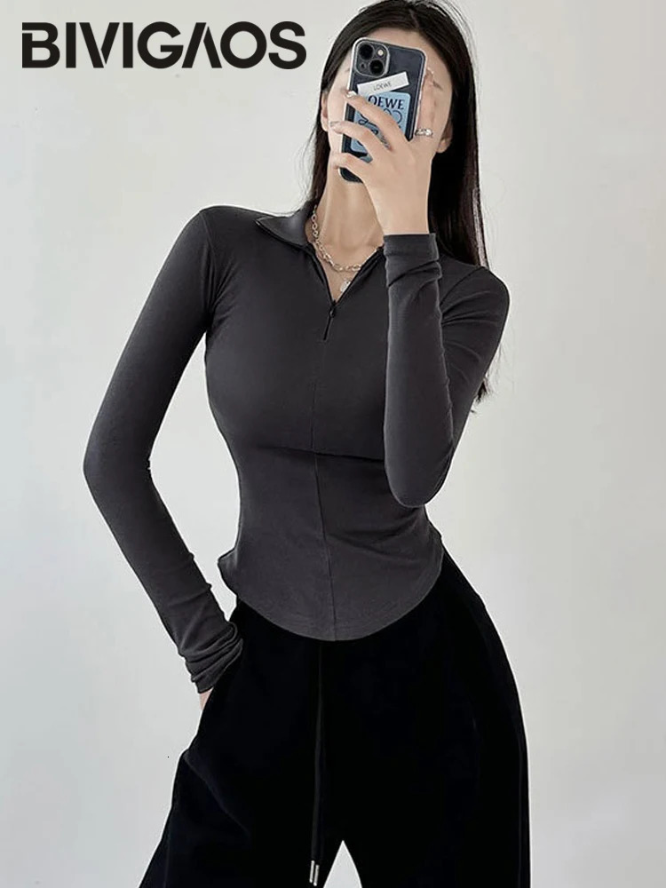BVIGAOS spring/summer ultra-thin long sleeved T-shirt for women black spicy cotton zipper lapel polo neck top 240827