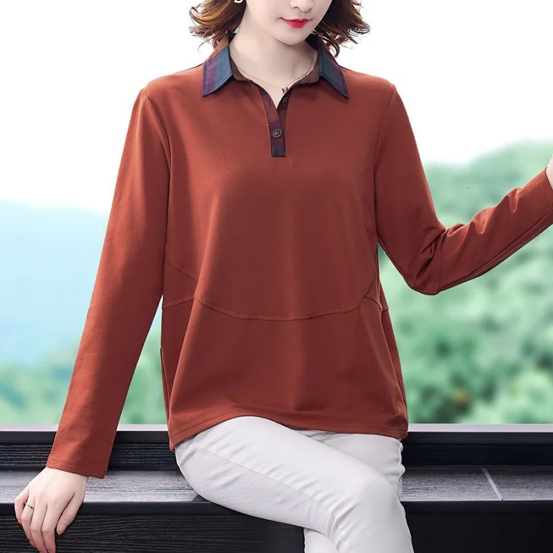 Spring and Autumn Womens Polo Collar Solid Button Panel Plaid Contrast Long Sleeve T-shirt Underlay Fashion Casual Loose Tops 240806