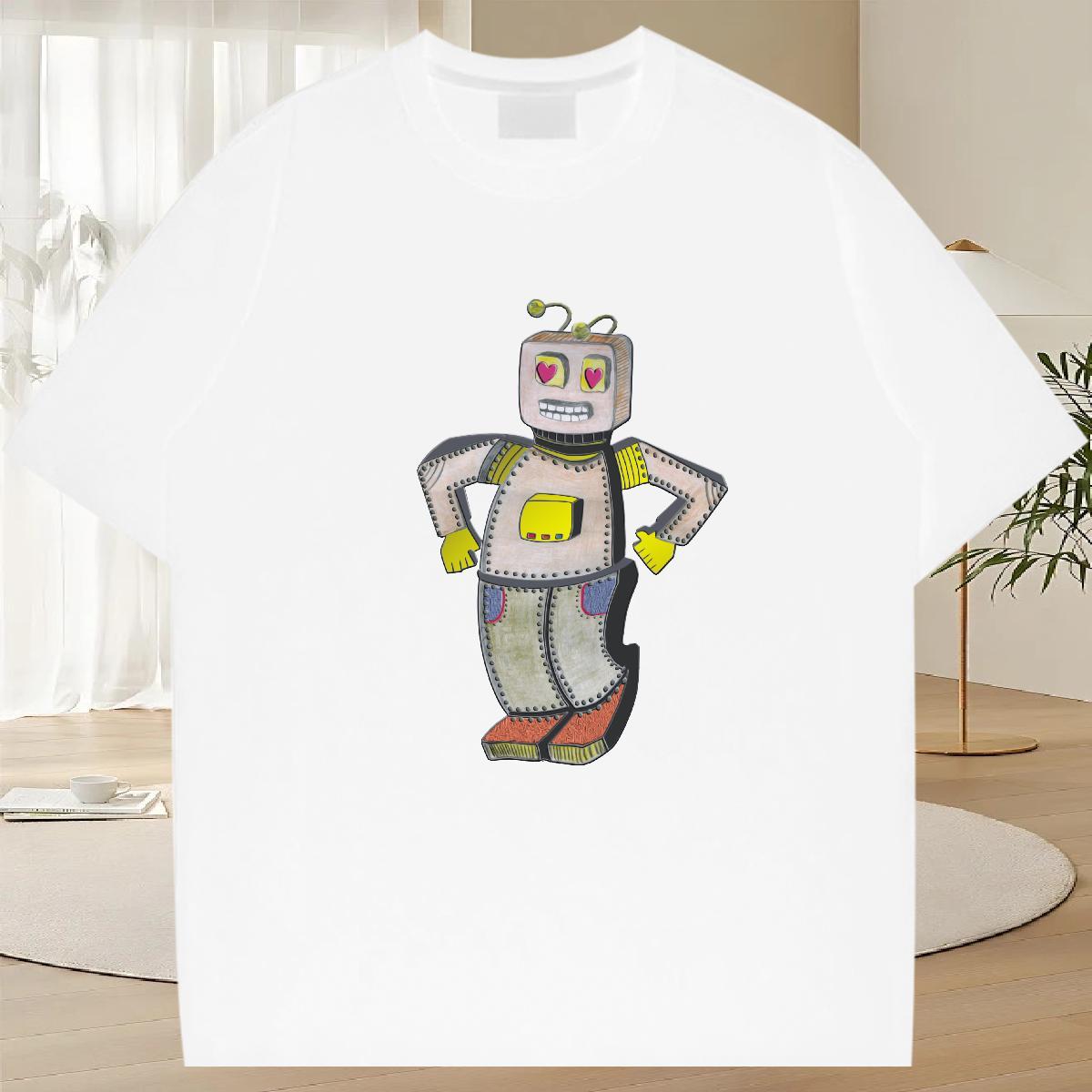 Unisex Men Tees 230g 100% Cotton Spring Summer robot Cartoon Print Breathable Short Sleeve Classic Casual T Shirt For Man Tee Shirt