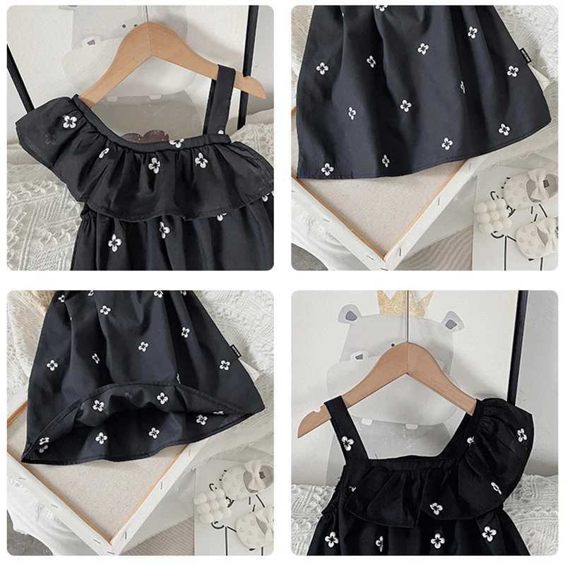 Summer one-piece sleeveless floral midi dress black cotton beach clothing for girls 2023 fashionable and elegant for women 2 to 8 yearsW240720