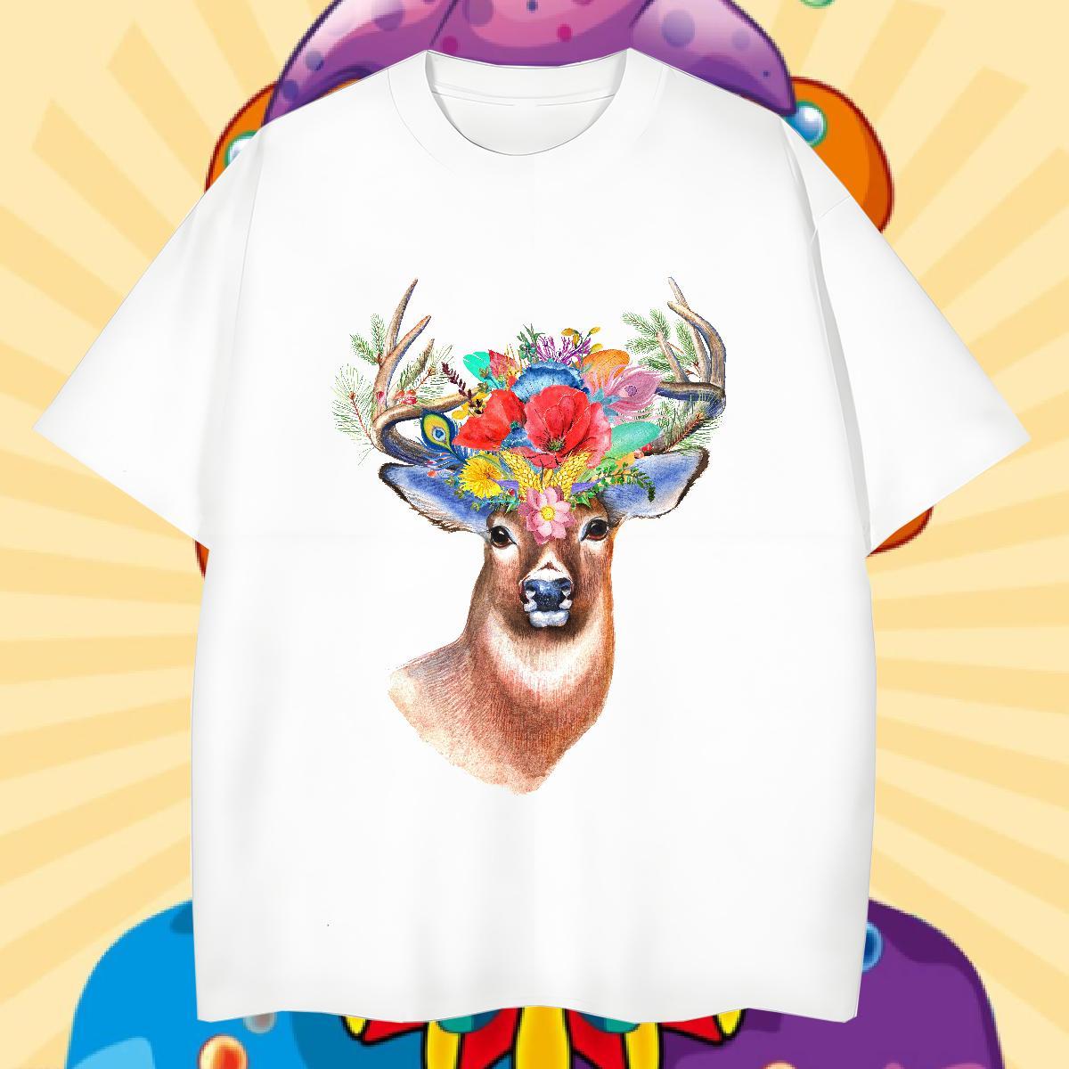 2024 New T Shirt For Man 230g Pure Cotton Deer Beach Tees Breathable Short Sleeve Cool Tshirts Oversized 3XL 4XL