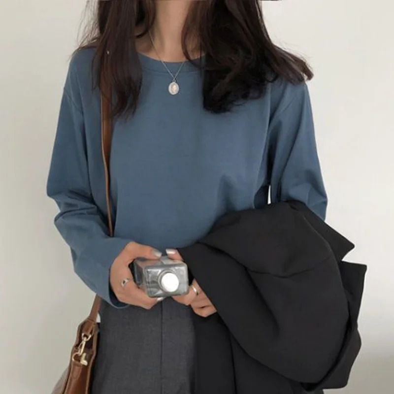 Fashion O-Neck Solid Color All-match T-Shirt Female Clothing Autumn Casual Pullovers Tops Long Sleeve Commute Tee Shirt 240806