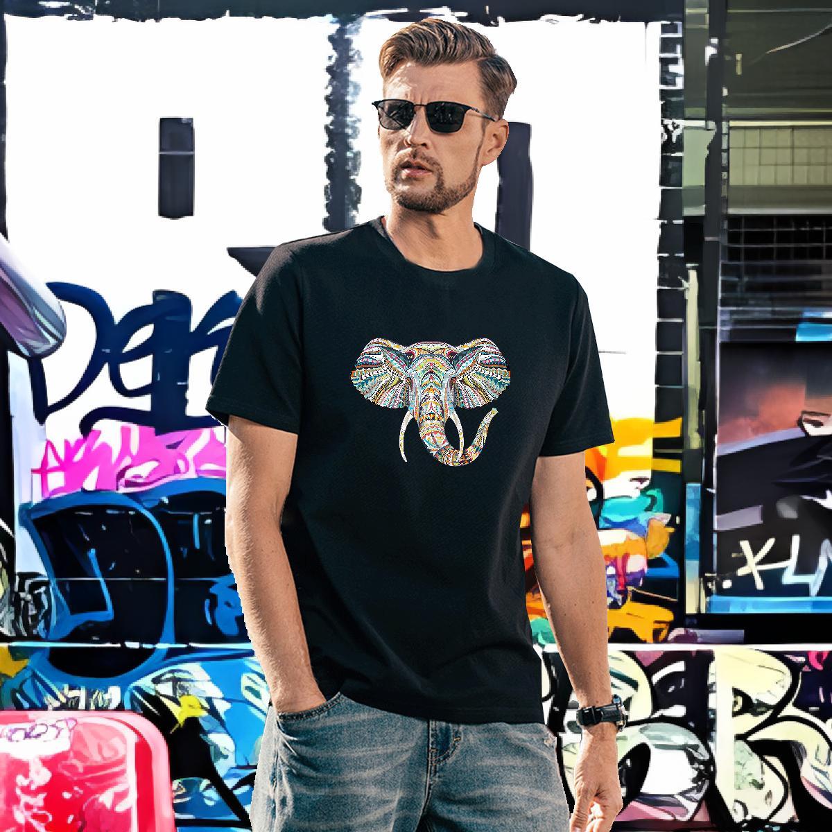 2024 Summer T shirt 230g Cotton Elephant Daily Wear Top Tees Breathable Crew Neck Loose Fit Mens Tshirts Black Oversized