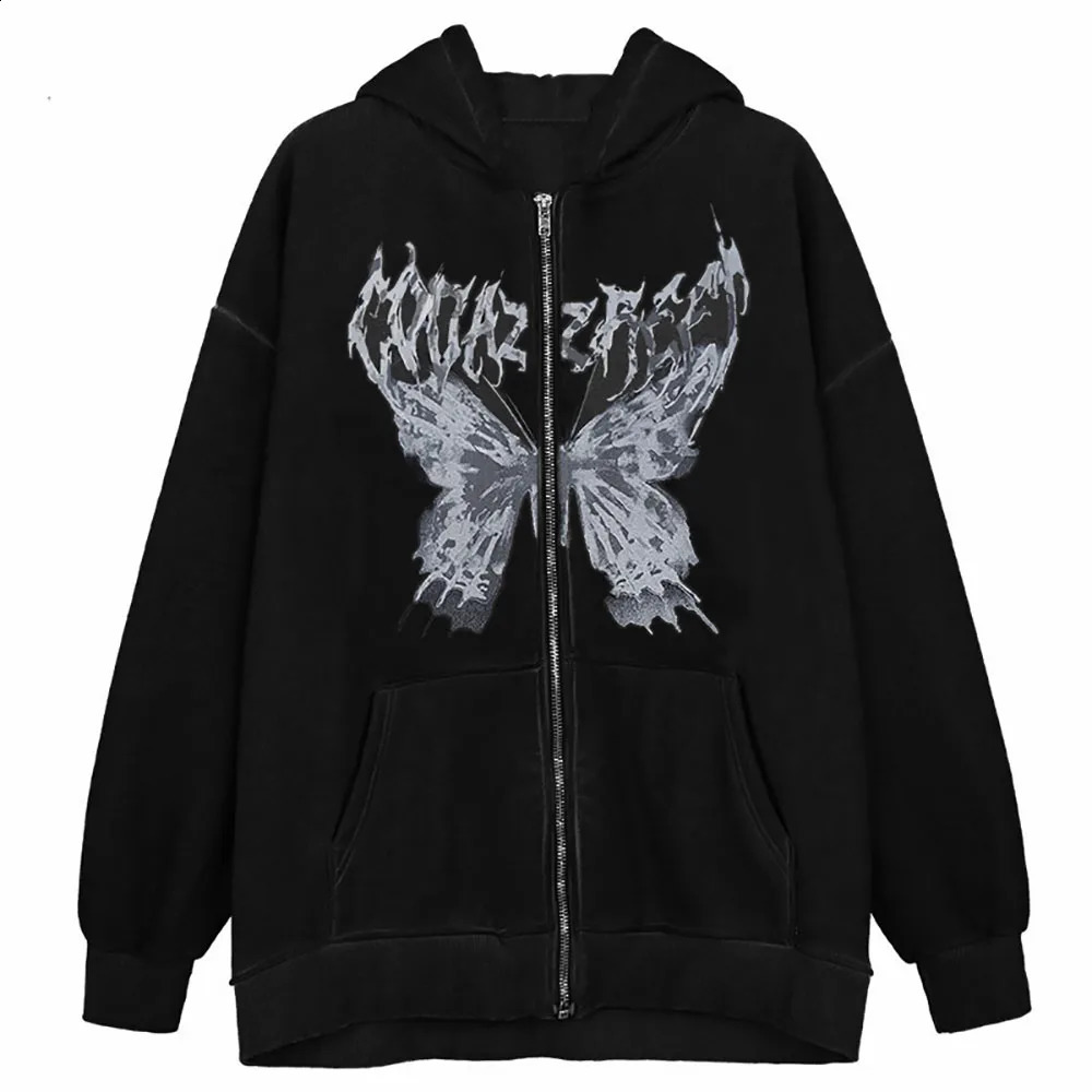 Gothic Hooded Autumn Winter Y2K Hoodies Zip Up Women Jackets Streetwear Mens Sweatshirts Harajuku Casual Tops 240806