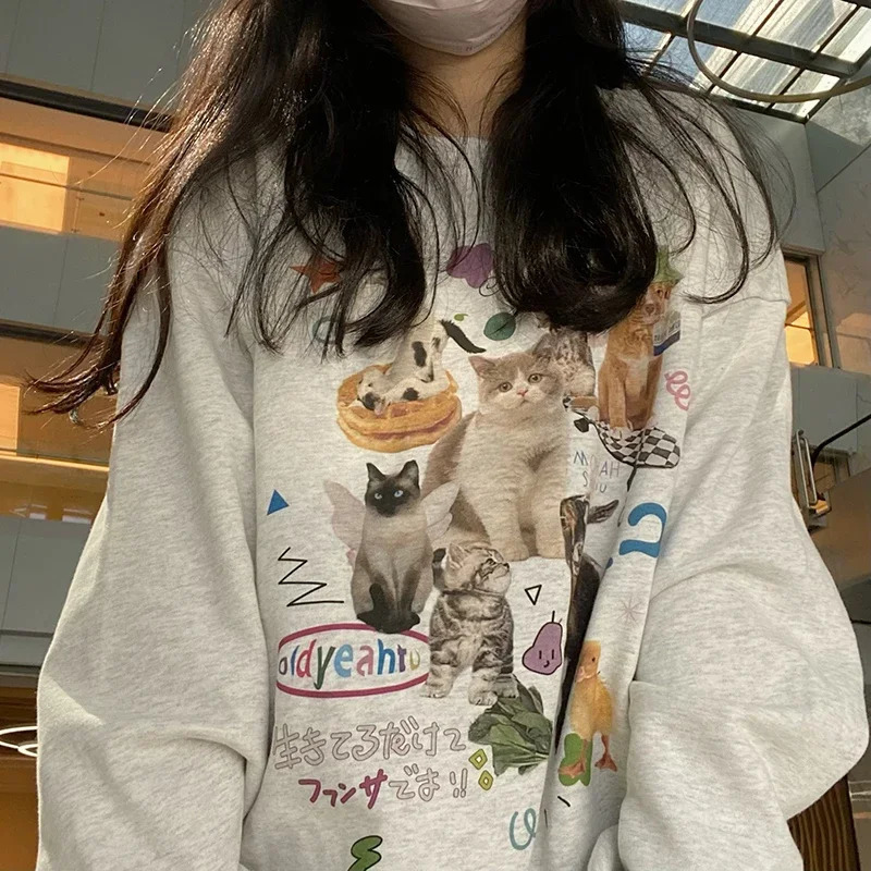 Milk Cat Printed Sweatshirt Autumn Winter Long Sleeve Fashion Streetwear Women Top Harajuku Y2k Aesthetic Graphic Women Clothing 240806