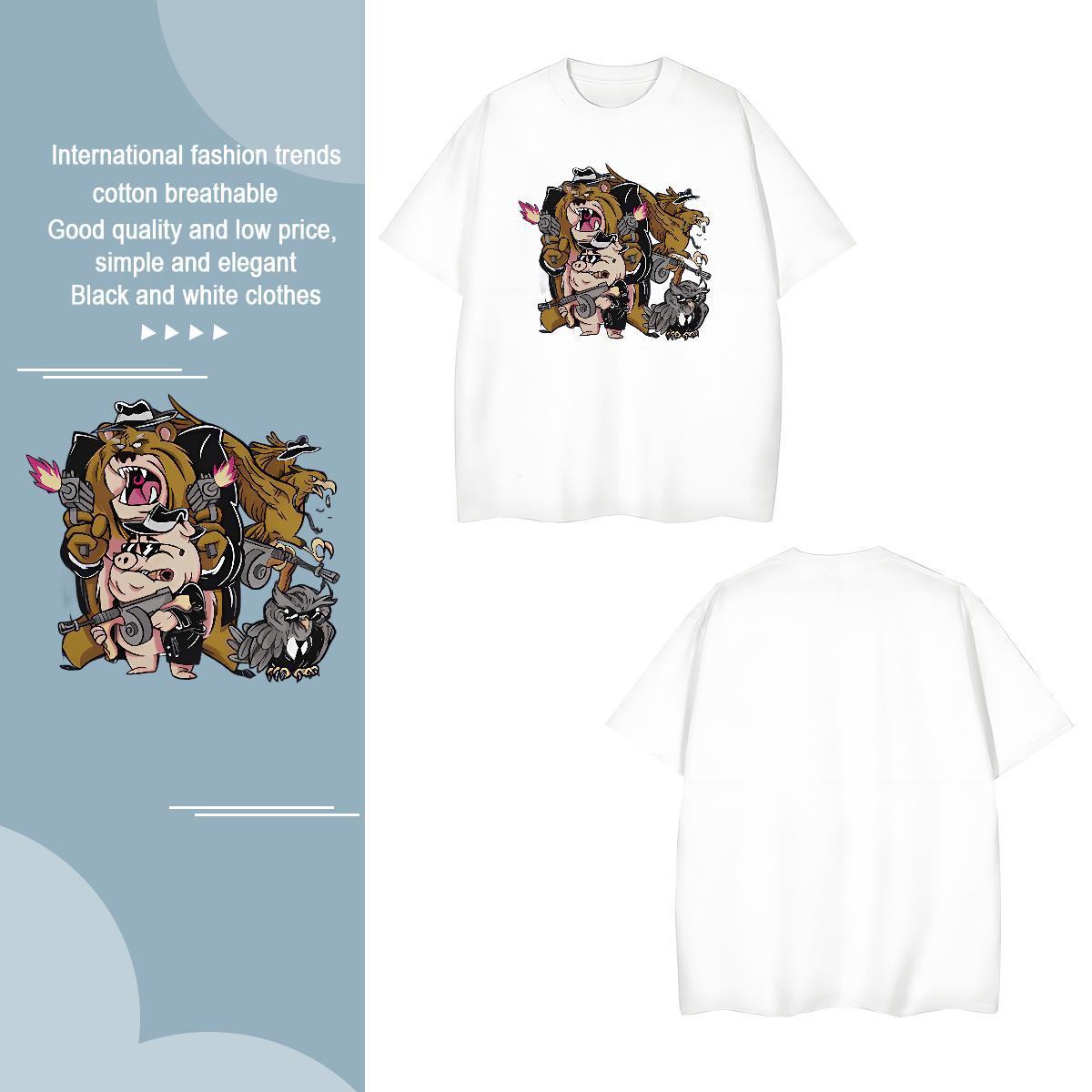 Men T Shirts 230g Cotton Beach Breathable Crew Neck Cartoon Printing L-4XL Men Tees Custom Loose Fit Tops