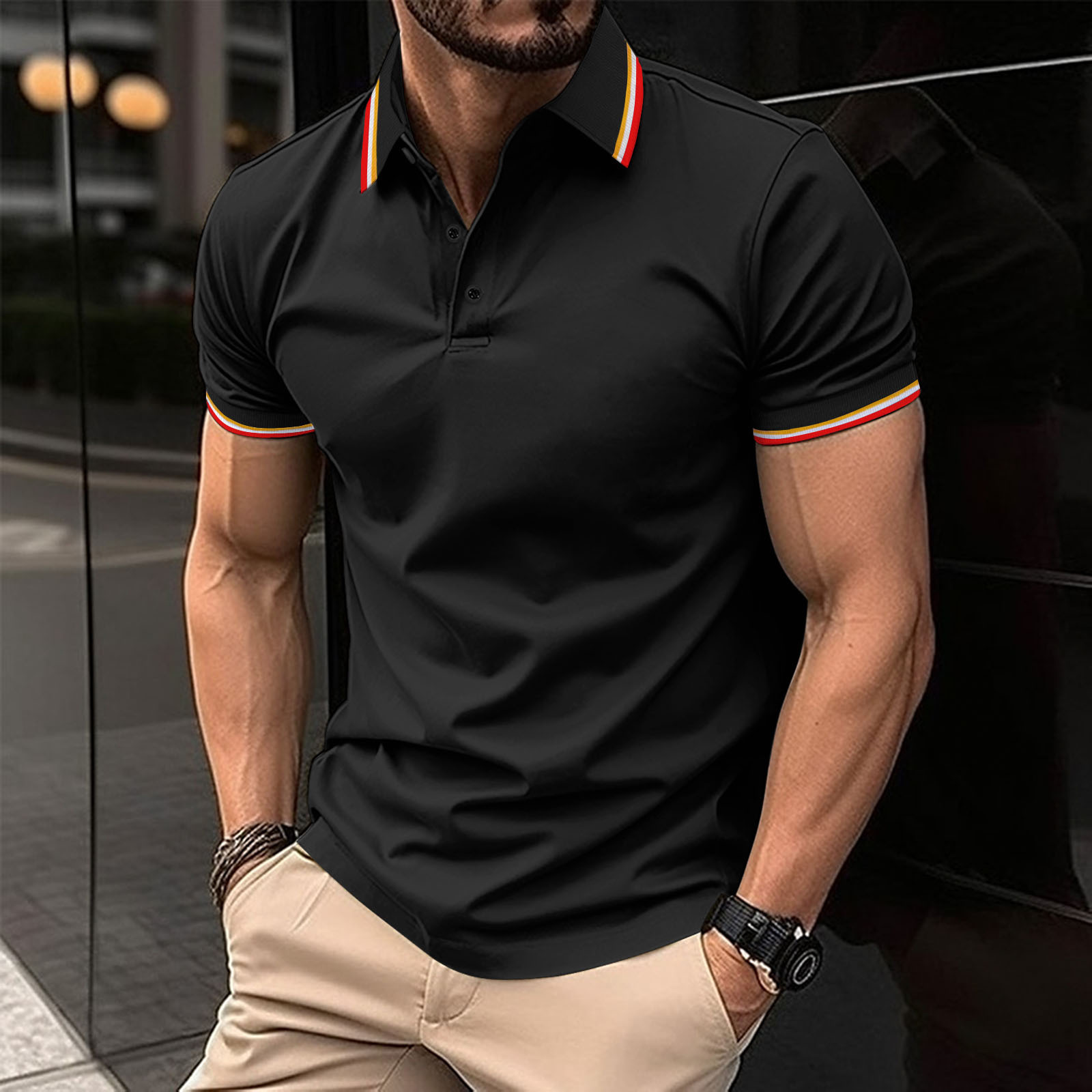 2023 New men's solid color short sleeved polo shirt with a lapel collar
