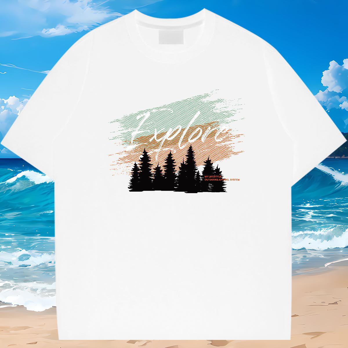 2024 T-Shirts for Men 100% Cotton 230g tree Outdoor Tops Tees Breathable Short Sleeve High Quality Men Tshirts Cartoon Print