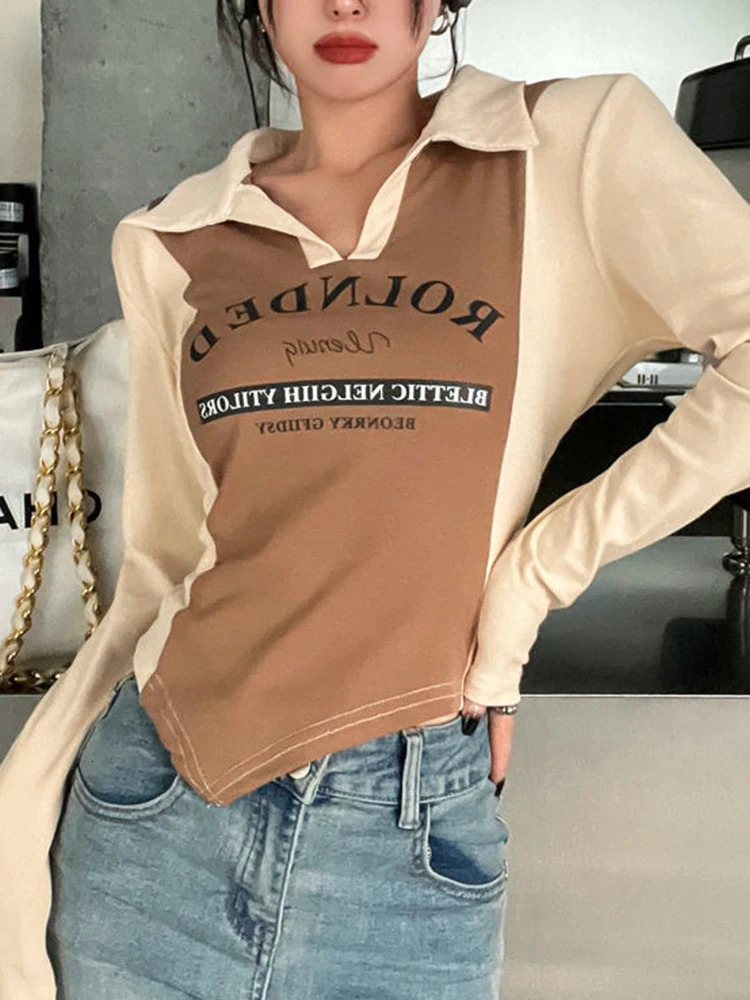 Letter Print Polo T-shirt Womens Spring Long Sleeve Cotton Crop Top Korean Fashion Patchwork Irregular Aesthetics Tight Y2k Top 240827