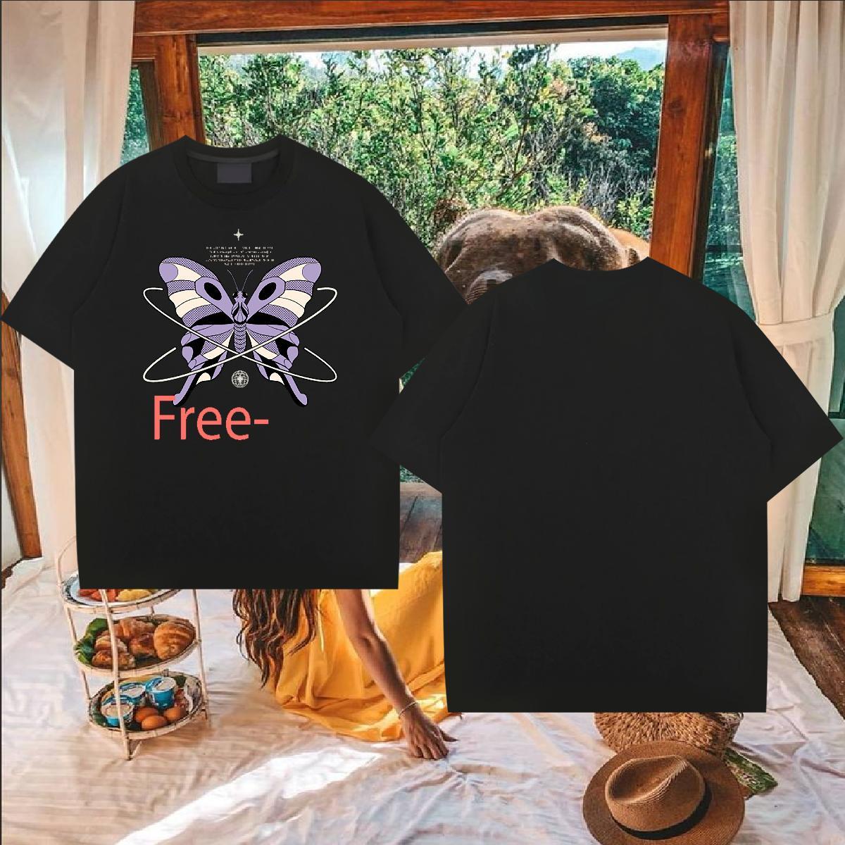 New Men T Shirts 230g Cotton Butterfly Street Wear Tops Tees Crew Neck Classic Men Tops Tees Custom Anime