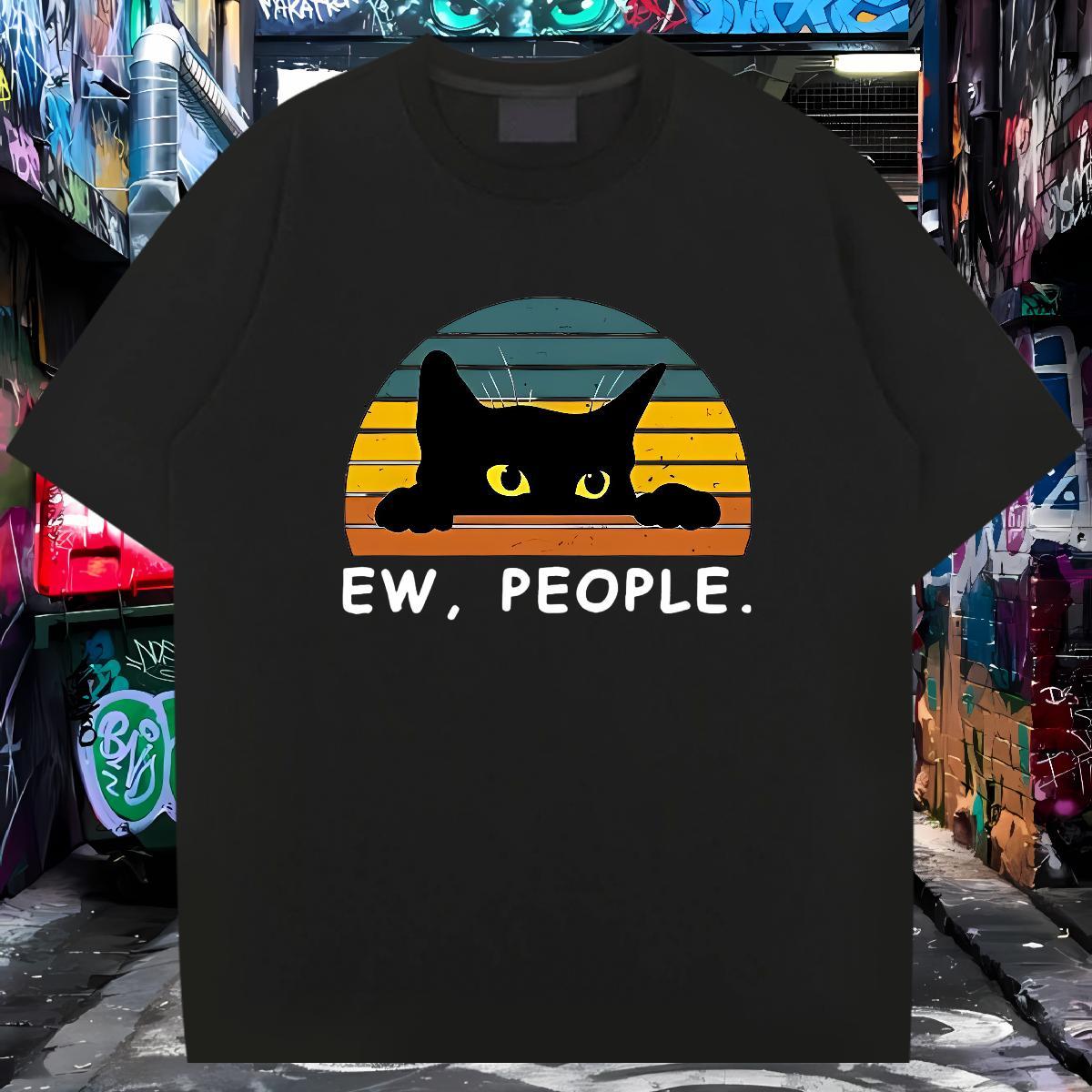 Classic Casual Man T Shirts 230g Cotton cat Daily Outfit Tops Tees O Neck Short Sleeves High Quality Men Tshirts Black White