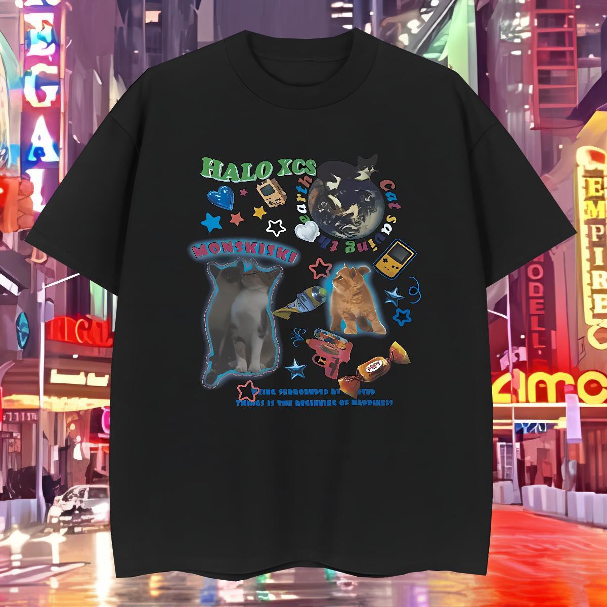 Man T Shirts 230g Pure Cotton cat Street Casual Crew Neck Breathable Plus Size Cartoon Mens Tshirts DIY Customized Cool Design Clothings