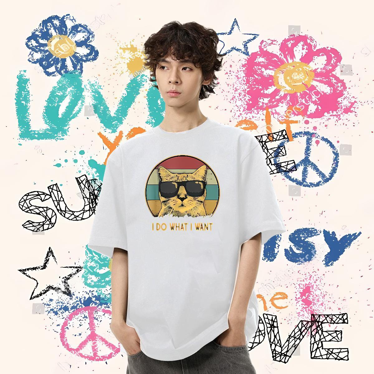 Designer T Shirts Men 100% Cotton 230g cat Spring Summer Tops Tees Breathable Crew Neck Loose Couples T Shirts Floral Print