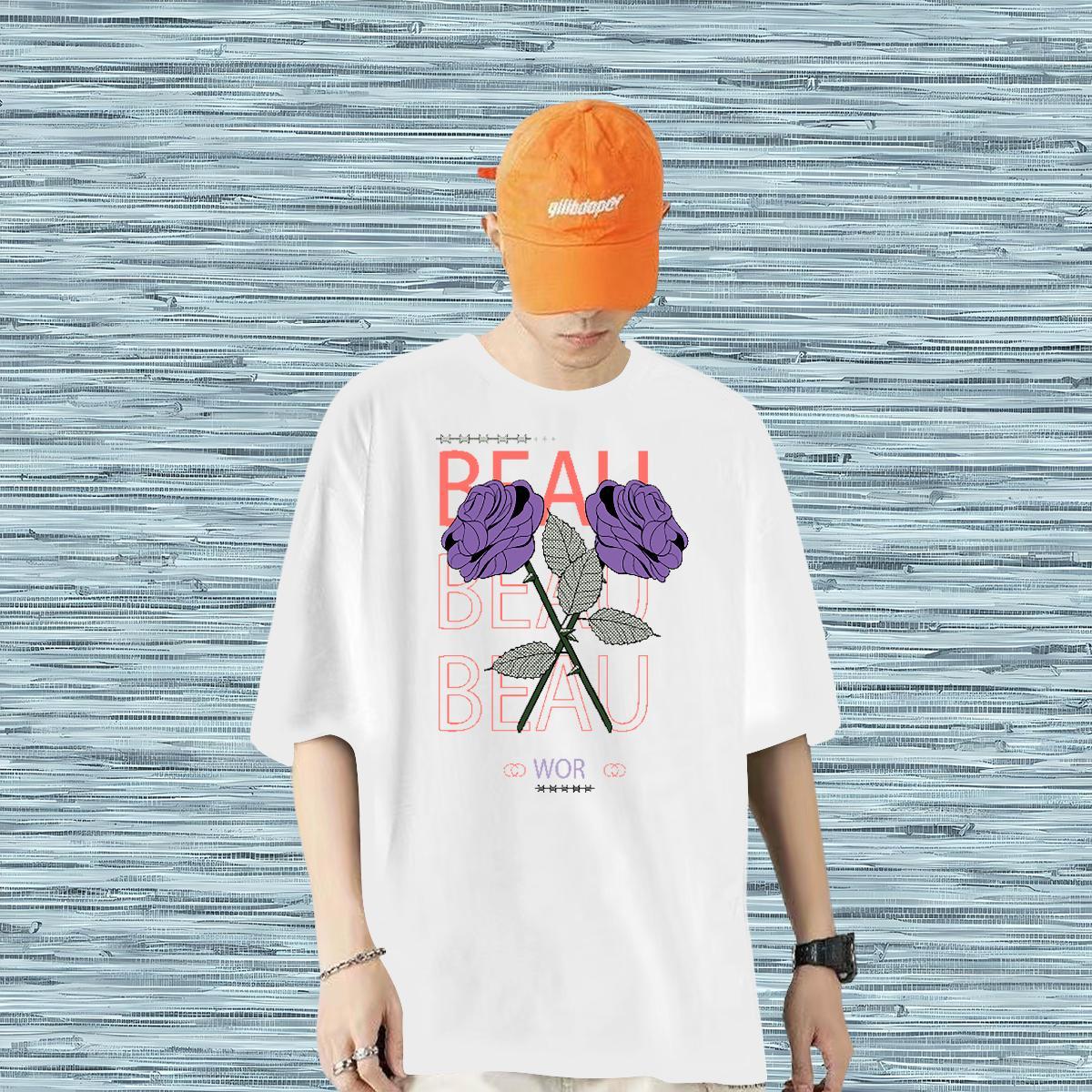 Free Shipping Men T Shirts 230g Cotton ROSE High Street Hip Hop Tees Breathable Short Sleeve Wholesale Tshirts Plus Size Custom
