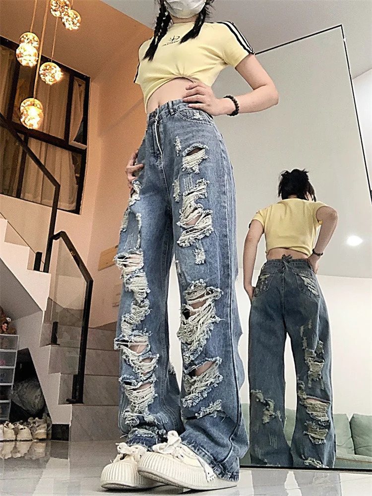 Womens Distressed Straight Jeans Summer Cool Girl Street Style Fashion Pant Female High Waist Multiple Holes Denim Trousers 240806