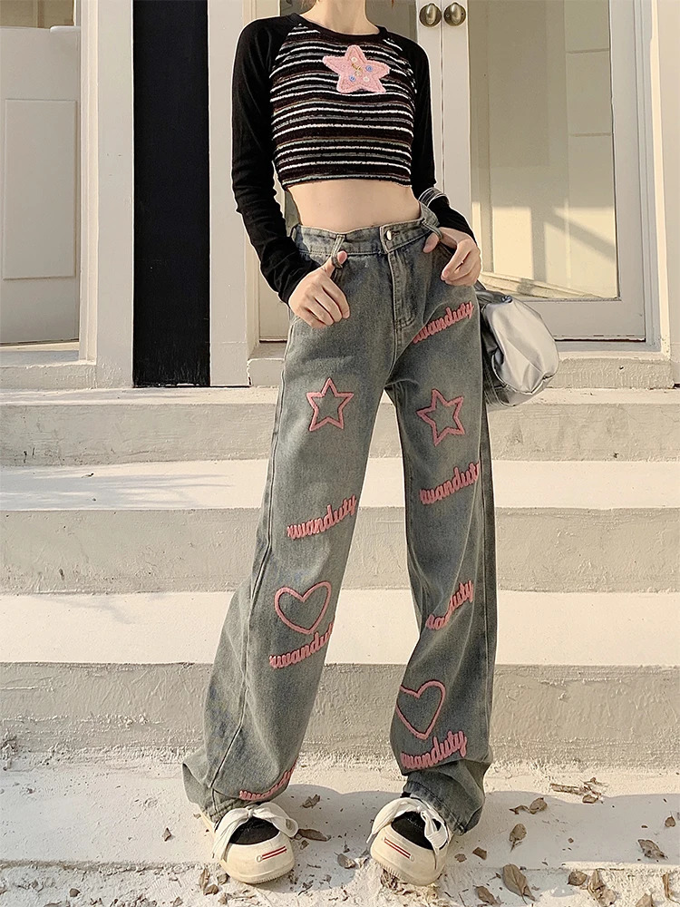 Womens Y2k Star Jeans Baggy Harajuku Aesthetic Denim Trousers Vintage Streetwear Jean Pants Japanese 2000s Style Trashy Clothes 240806