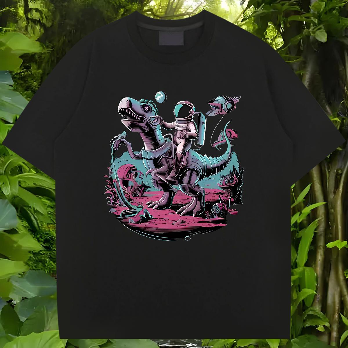 Casual New T Shirts Men 230g Cotton dinosaur Hip Hop Tops Breathable Soft High Quality Mens Tshirts Oversized