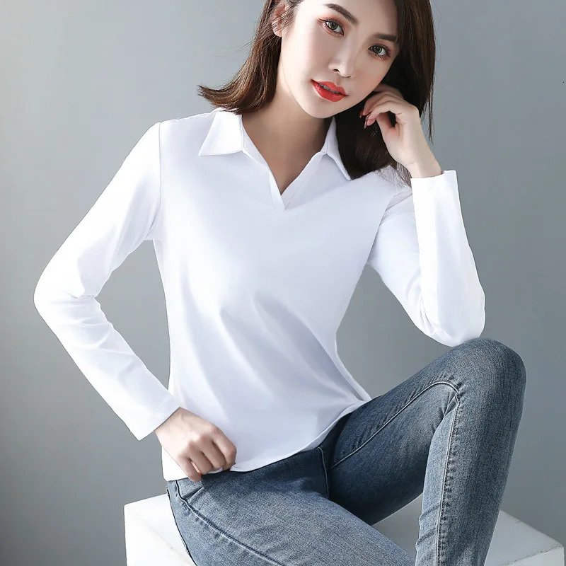 Women Cotton T-shirt Solid color Lady Polos Long Sleeve Autumn Winter Womens clothings All match Female T-shirts 240806