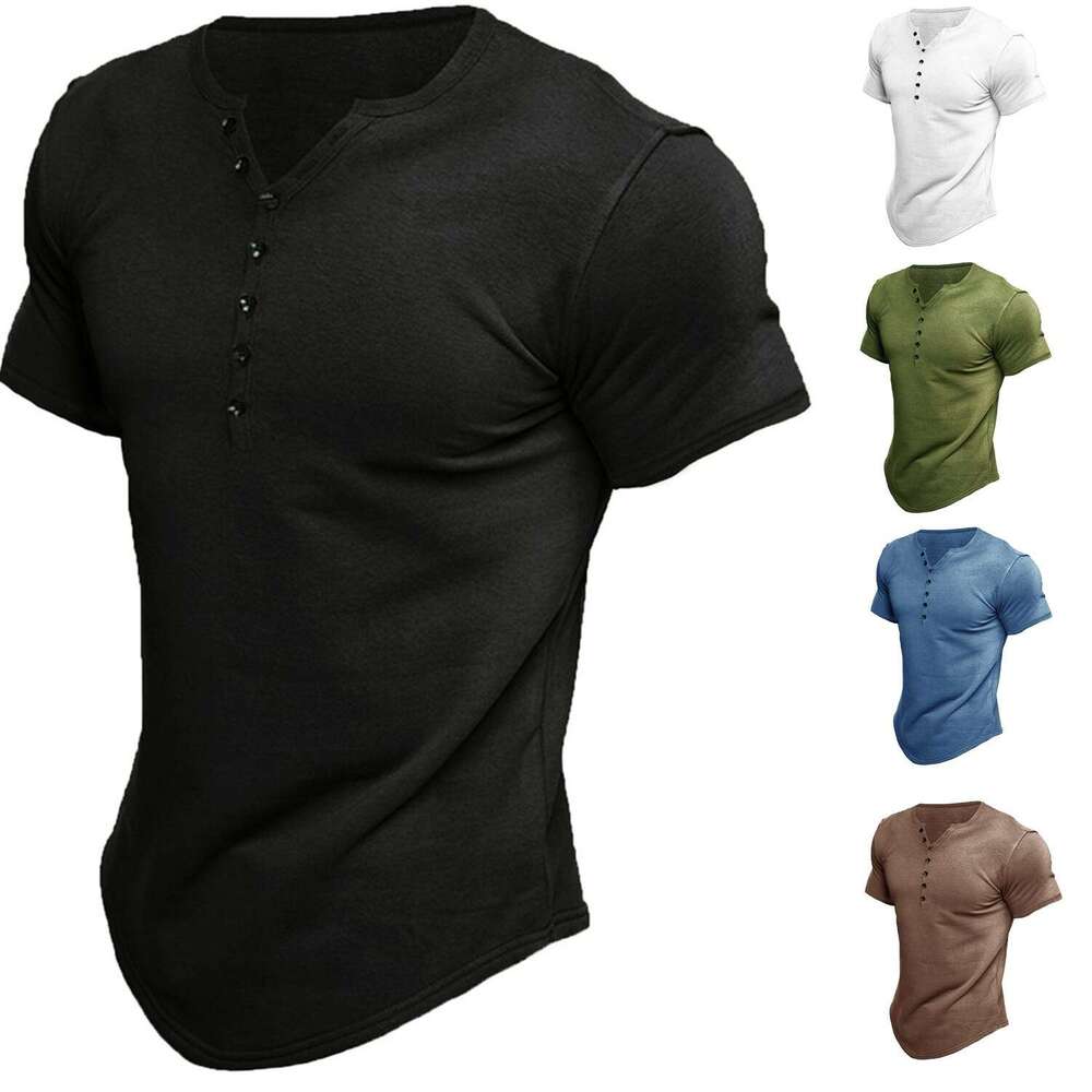 Men's Henley Shirts Kint Short Sleeve Muscle Fit Shirts Vintage Casual Button V Neck T-Shirts for Men