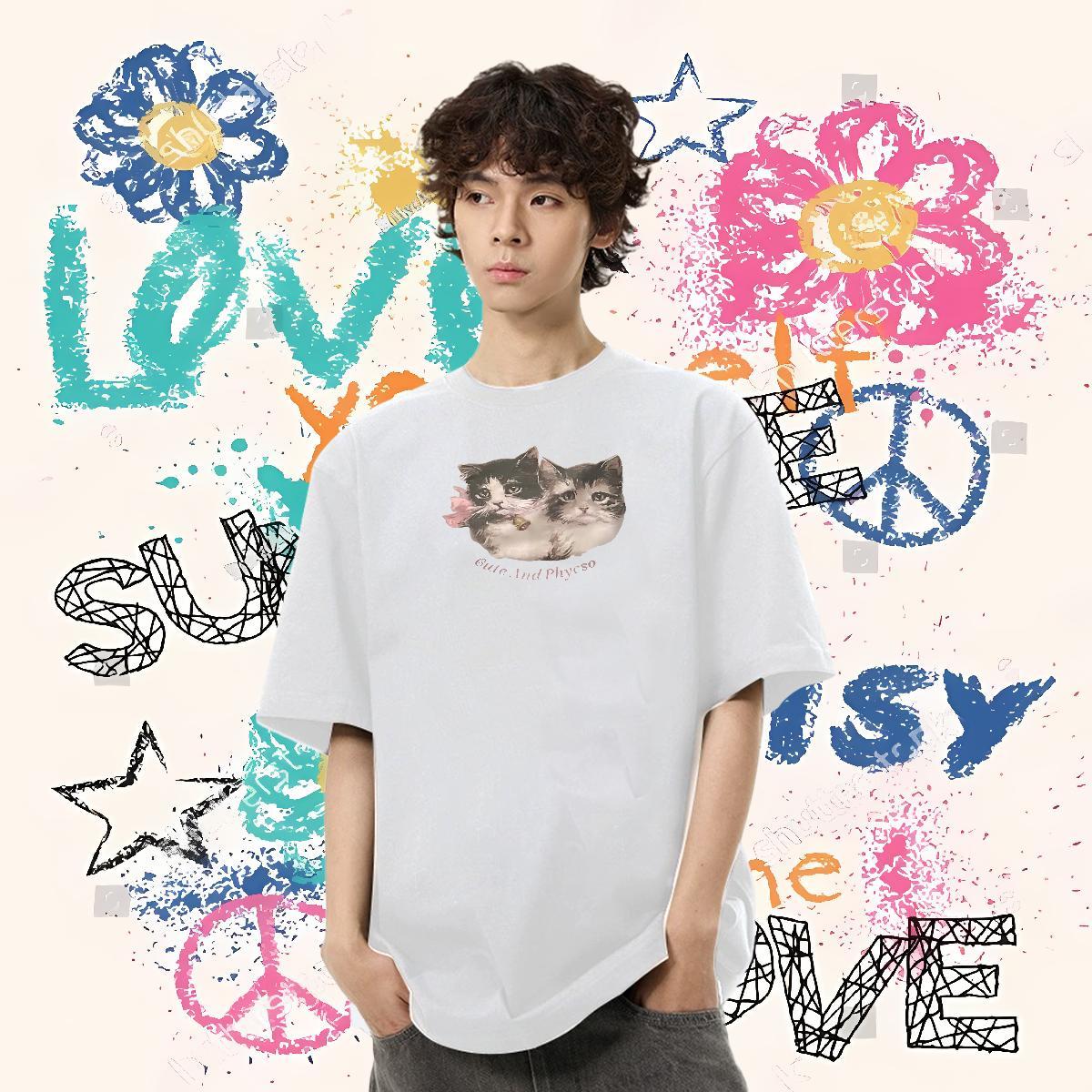 Designer Fashion T Shirts Men 230g 100% Cotton cat Street Polos Short Sleeve Soft TOP Quality Men Clothes T-Shirt Cartoon Print