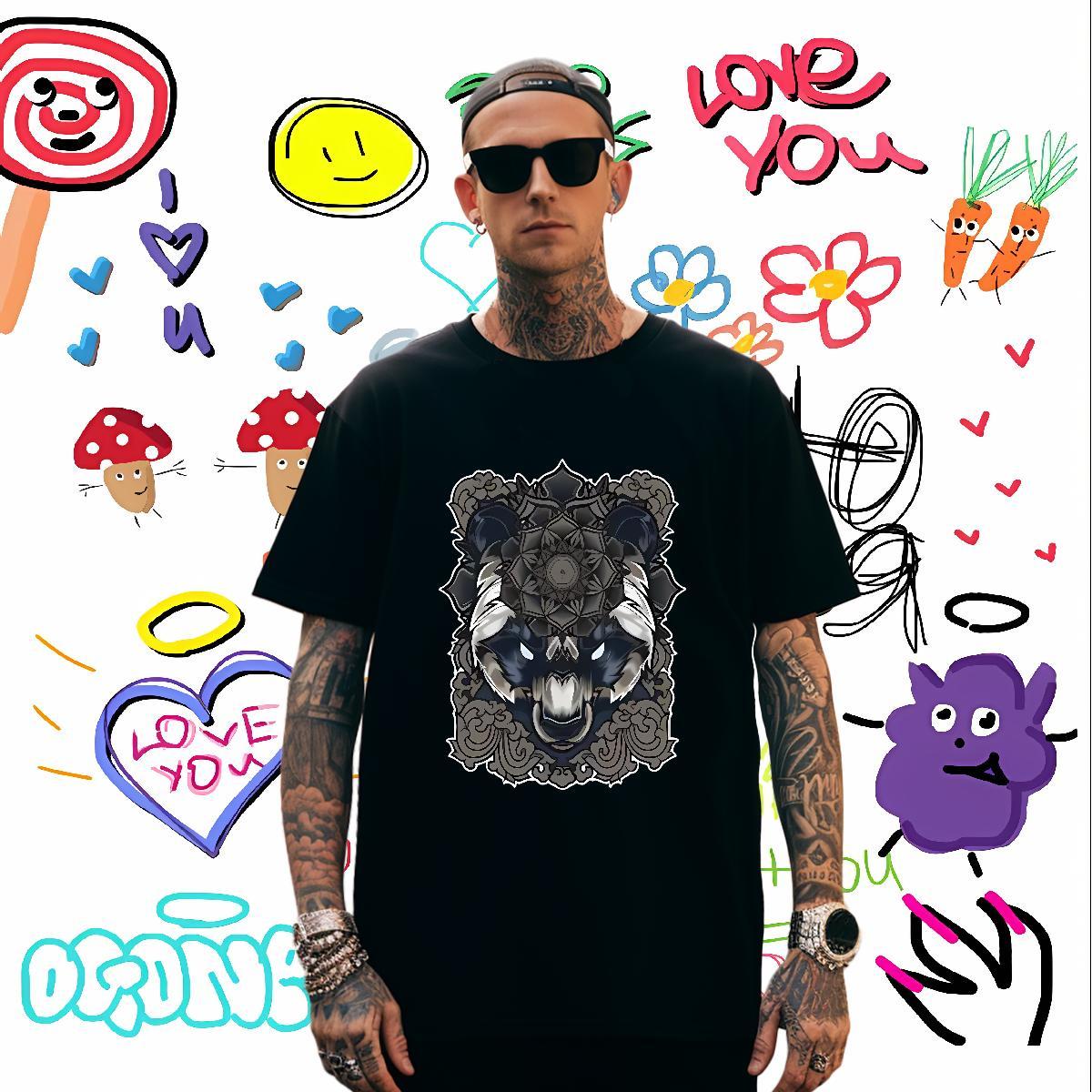 T Shirts Men 230g Cotton wolf Daily Outfit Short Sleeve O-Neck Customized Print Mens Tshirts Fashion Unisex Tops Shirt