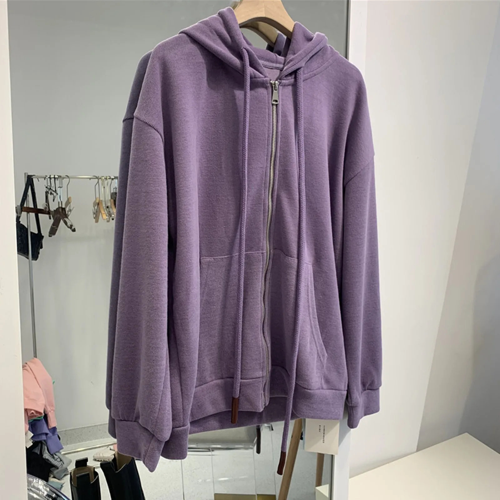 Y2k Zip Up Hoodies Long Sleeve Purple Oversized Jackets Hoodie Drawstring Harajuku Black Grunge Loose Sweatshirt 240812