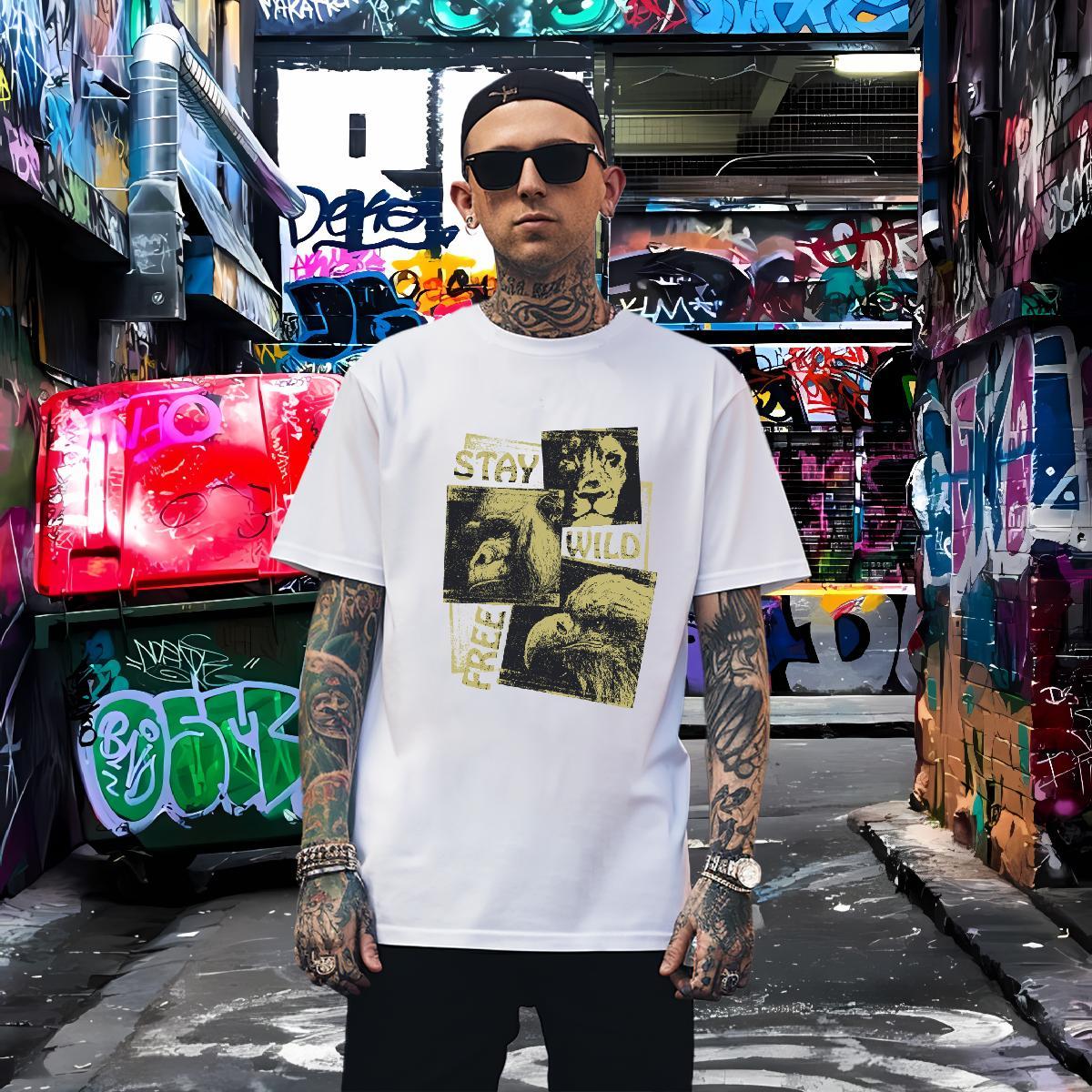 Mens T Shirts 100% Cotton 230g lion Street Wear Short Sleeve O-Neck Oversized 4XL Men Tees 2024 Brand Tee Shirt