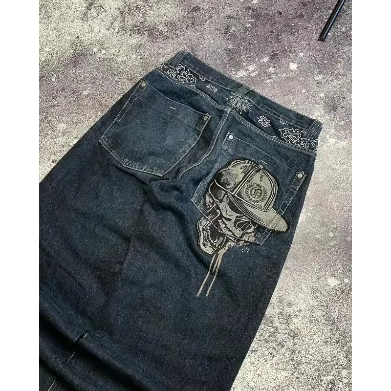 2025 Designer Embroidered Skeleton Jeans Men's Y2K Washed Hip Hop Wide Leg Pants Gothic High Waist Straight Leg Cowboy Pants Street Casual Wear C