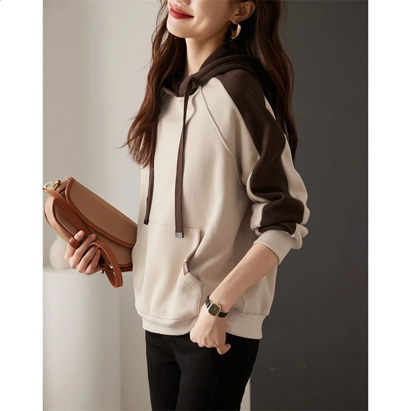 Women Korean Patchwork Fleece Hooded Sweatshirts Autumn Winter Casual Long Sleeve Pullover Tops Female Vintage Oversized Hoodies 240805