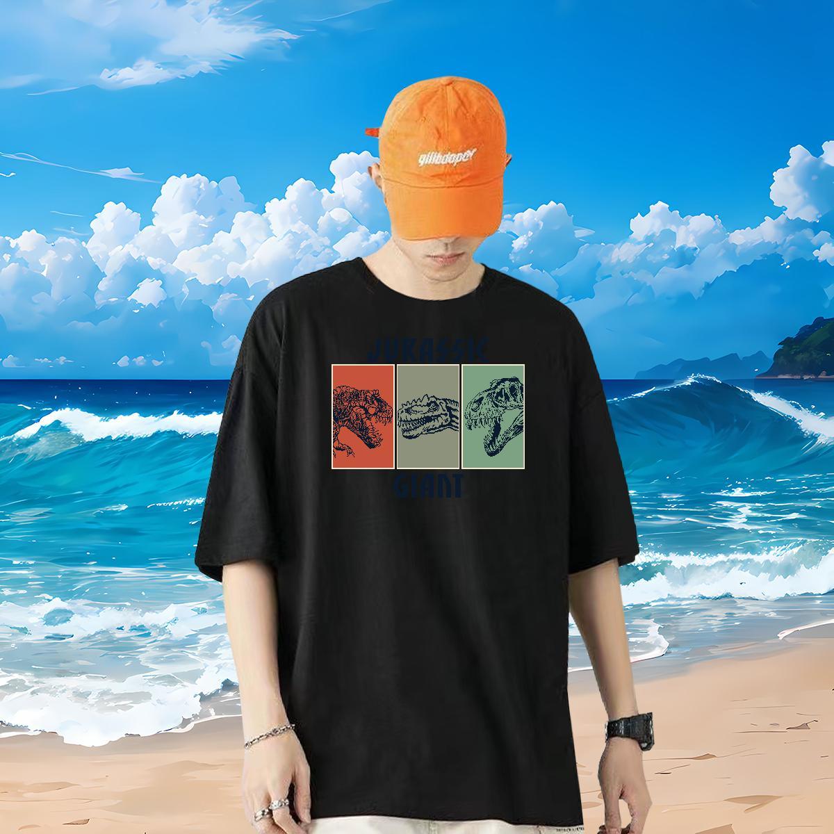 New Designer T-Shirts for Men 230g 100% Cotton dinosaur Casual Tees Crew Neck Unisex Men Tshirts DIY Logo Oversized