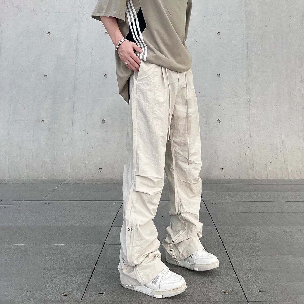Baggy Cargo Pants Men Y2k Streetwear Bright White Straightleg Autumn Elastic Waist Wide Leg Casual Oversized Stacked Trousers 240806
