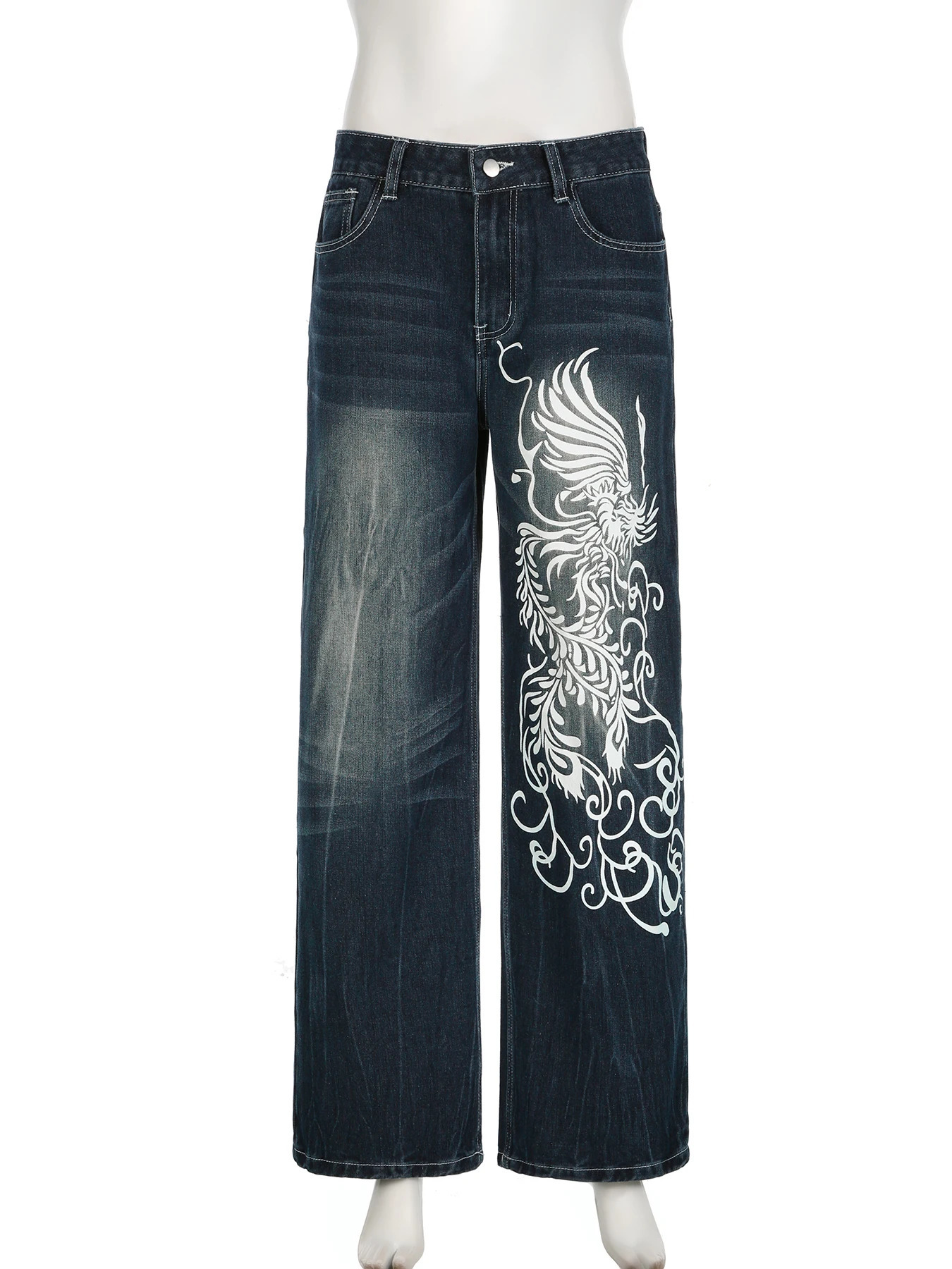 Rockmore Fashion All-match Printed Jeans Y2k Aesthetic Denim Long Trousers Vintage High Street Loose Hip Hop Wide-leg Pants 240806