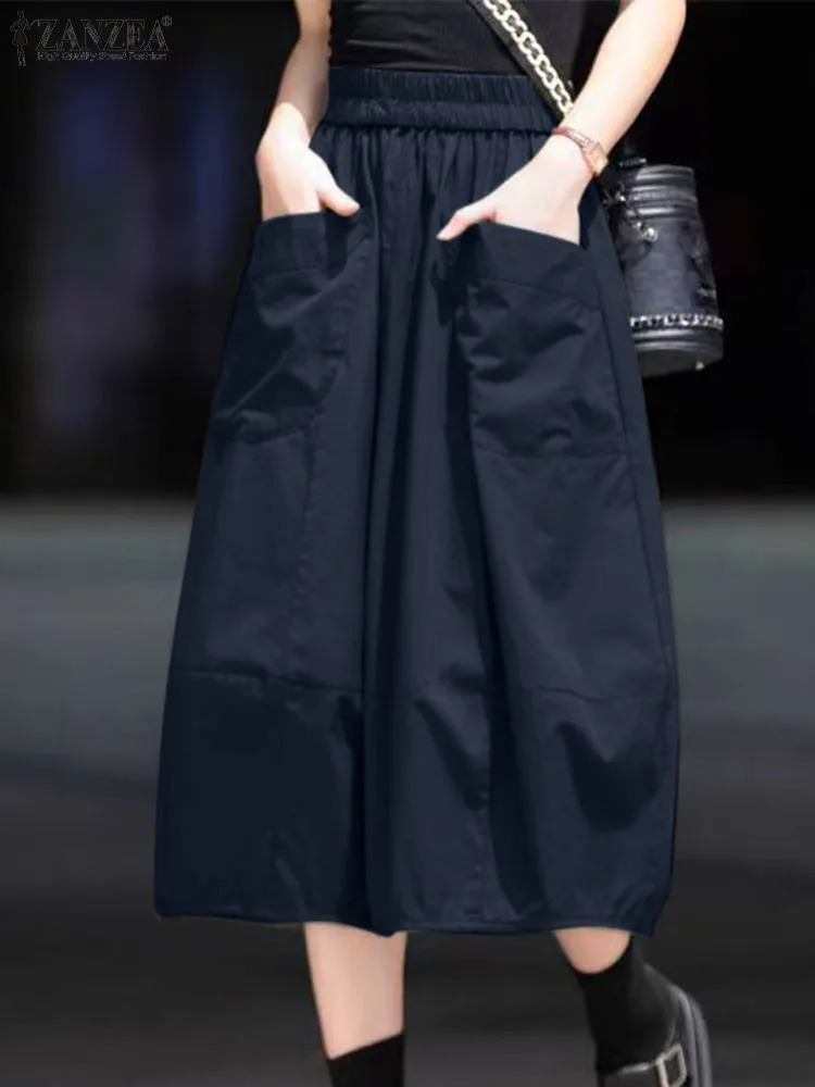 ZANZEA Women Cargo Long Skirt Casual Loose Elastic Waist Midi Skirts Holiday Solid Korean Jupe Summer Straight Pleats Falda 240806