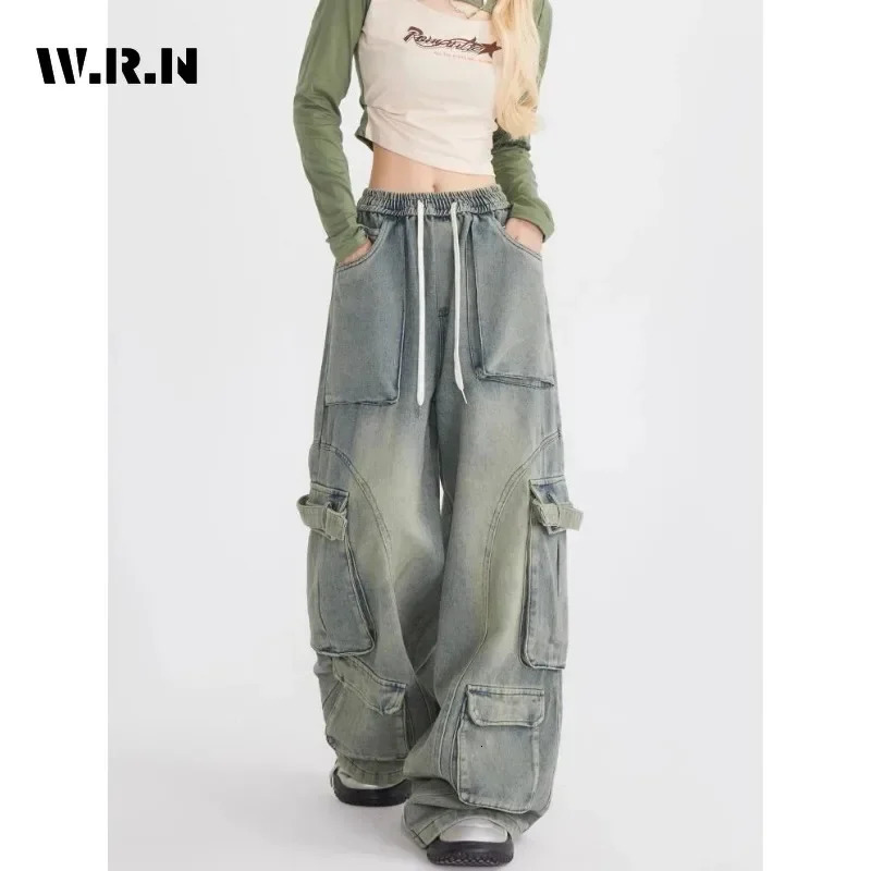 Vintage Casual Grunge Pocket High Waist High Street Blue Jeans Pants Women Drawstring Wide Leg Baggy Y2K Straight Denim Trouser 240806