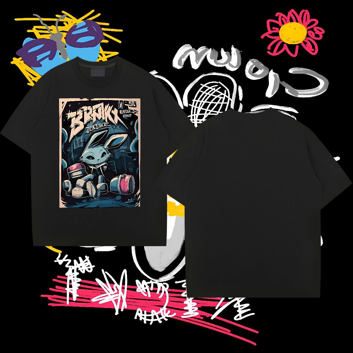 Man T Shirts 230g Pure Cotton rabbit Anime Printing Street Breathable Crew Neck DIY Printed Tshirts New Loose Fit Clothes