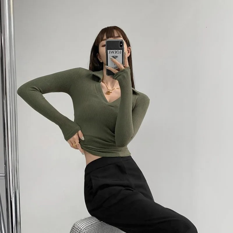 Sexy V-Neck Slim Fitness Womens T-Shirt Fashion Long Sleeve Polo Shirt Woman High Waist Cropped Tops 240806