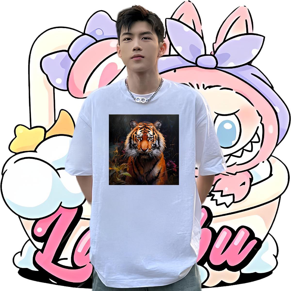 Classic Casual T shirt 230g 100% Cotton tiger Daily Outfit Polos Breathable High Quality Men Tees DIY Anime