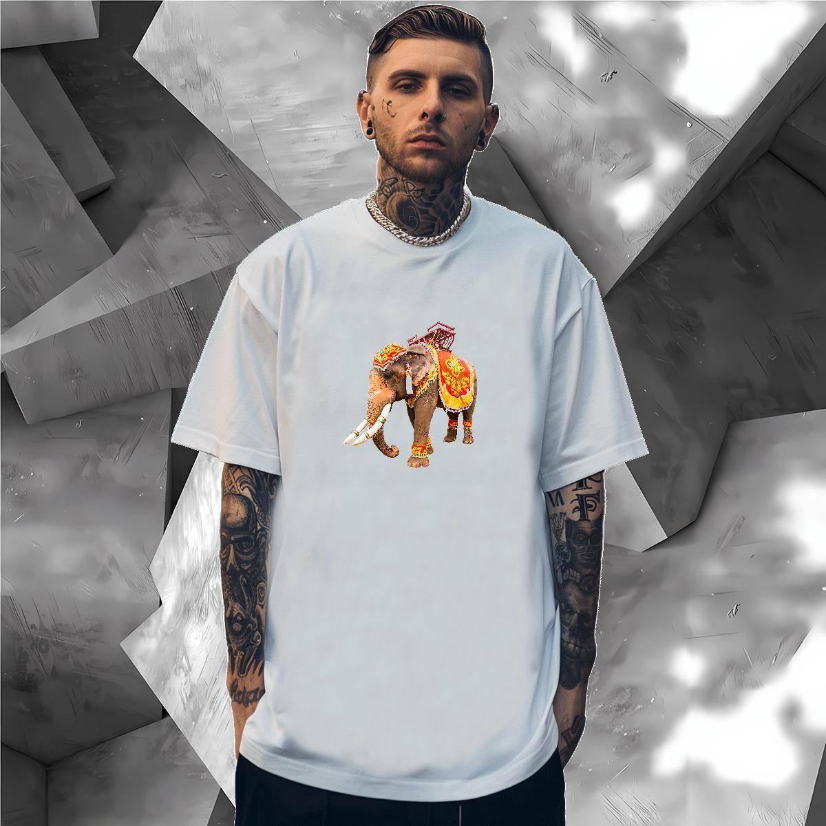 T-Shirts for Men 230g Pure Cotton elephant Beach Breathable Short Sleeve Oversized Men Tops Tees Classic Casual Cool Wear