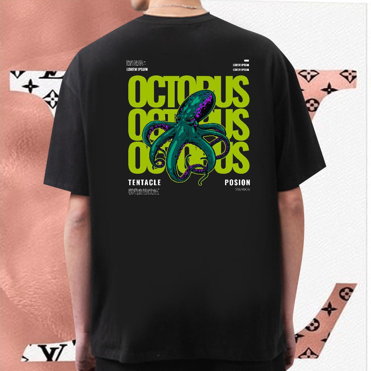 2024 New T-Shirts for Men 100% Cotton 230g octopus Casual Tees Crew Neck Soft Men Tshirts DIY Printed